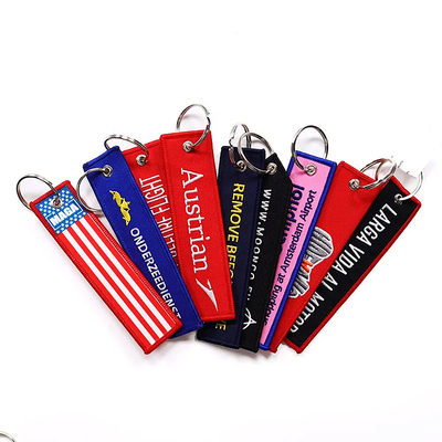 Leichtgewicht Custom Logo Jet Tags Stoff Druck Broderierte Schlüsselring Broderierte Schlüsselkette
